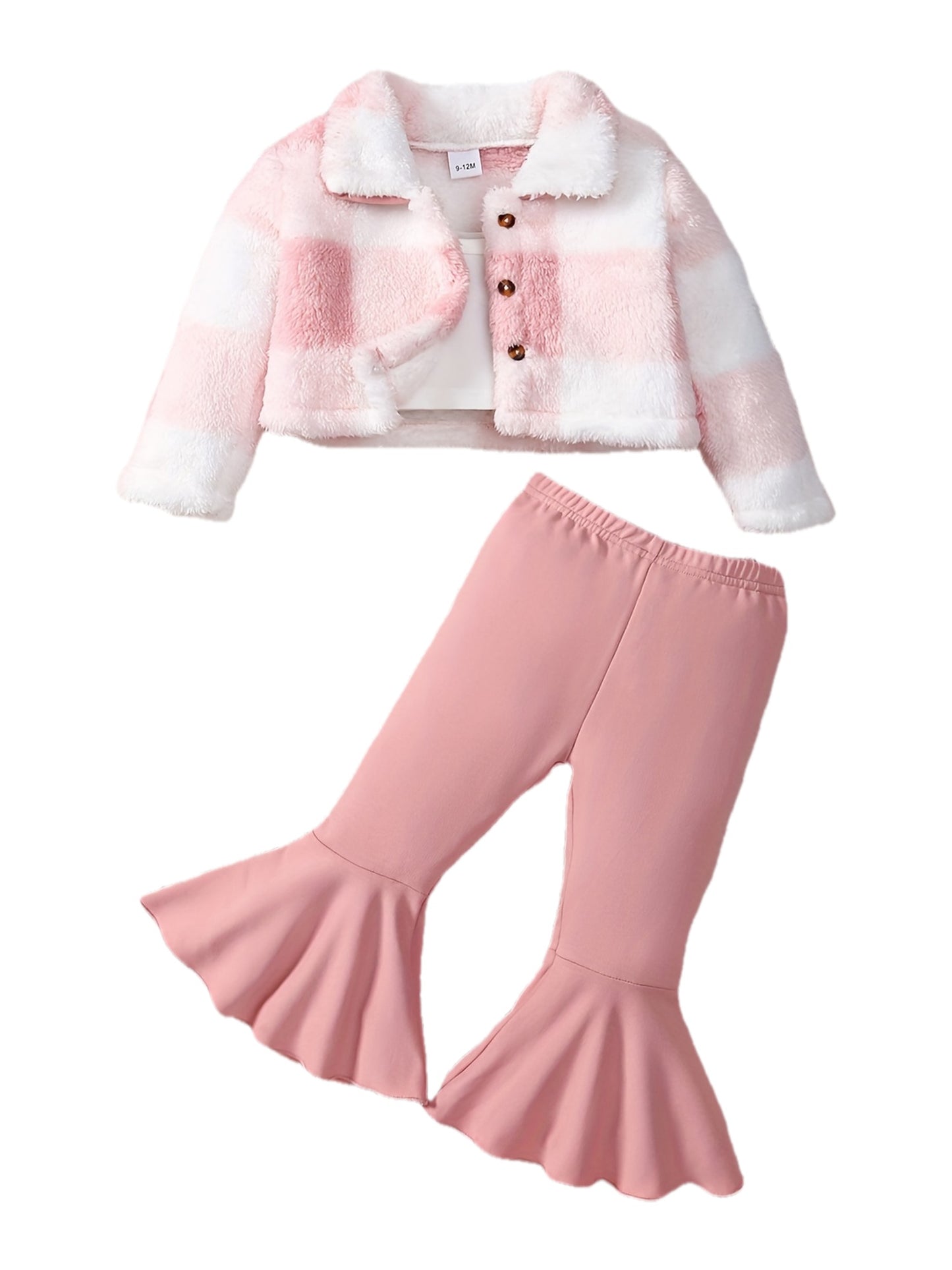 3pc Baby's Fuzzy Plaid Jacket & Bell-Bottom Set