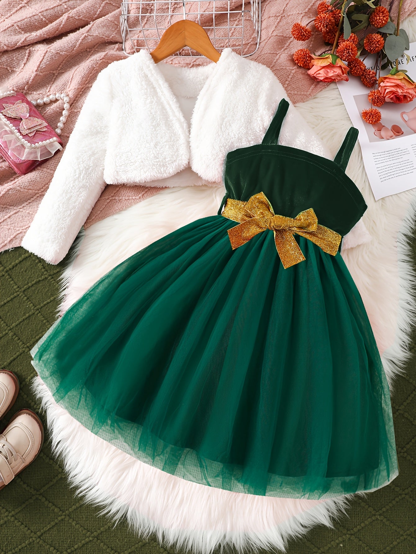 2pc Girls' Furry Coat & Spaghetti Strap Mesh Dress Set