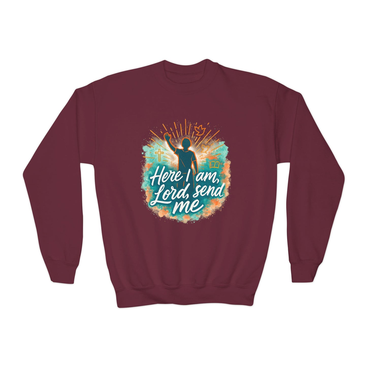 Youth Crewneck Sweatshirt: Here I am Lord Send Me, Christian Apparel, Faith-Based Gift, Religious Youth Wear, Inspirational Sweatshirt