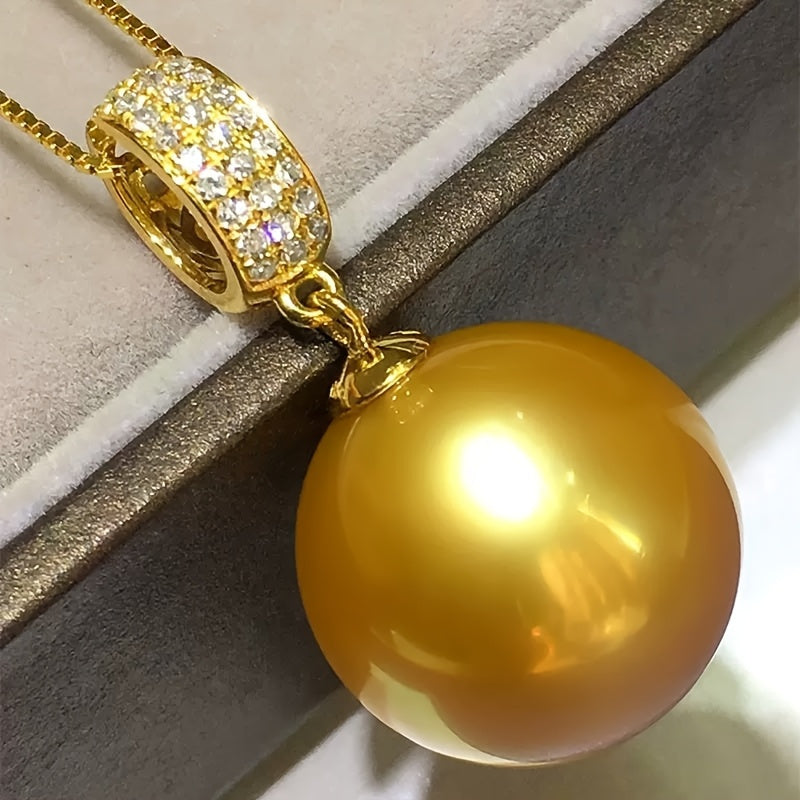 S925 Sterling Silver Gold Plated Necklace with 14mm Saltwater Cultured Golden Pearl Pendant | 18+2 Inch Chain | Women's Fine Jewelry
