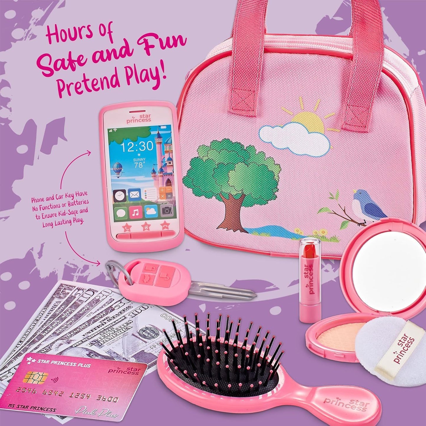 Play Purse Set for Toddlers with Pretend Makeup & Smartphone