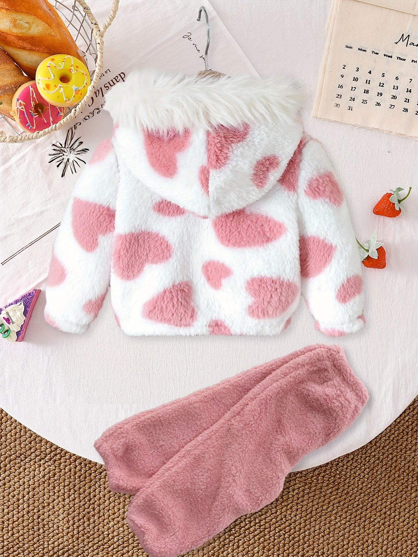 💖 Baby Girl's Warm 2-Piece Winter Set: Plush Heart-Patterned Fleece Hooded Jacket (Fur Zipper Outerwear) & Elastic Waist Warm Pants