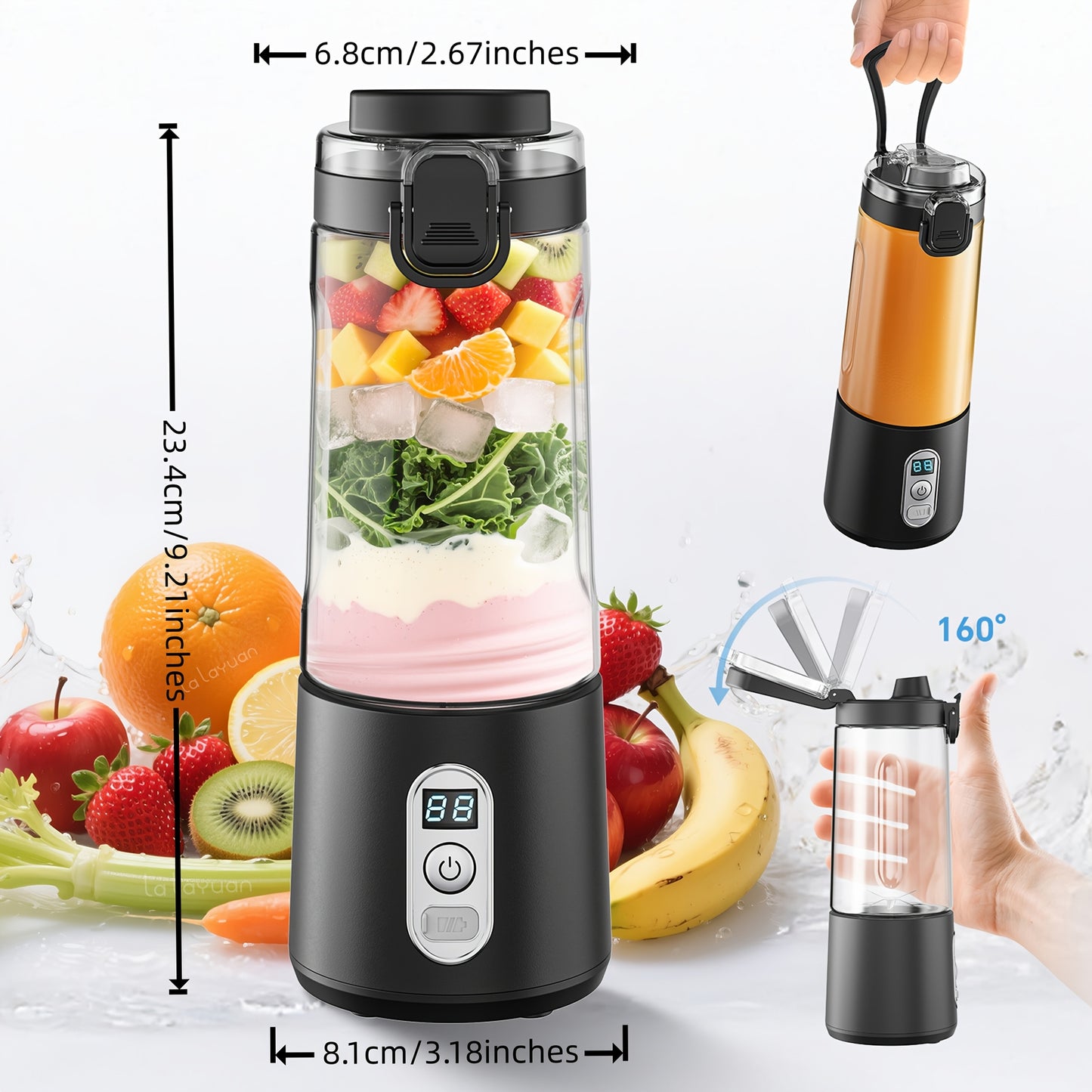 🥤 3-in-1 Portable USB Blender & Juicer: Handheld, 6-Blade System, Digital Display (40-Second Quick Blend for Smoothies & Shakes)