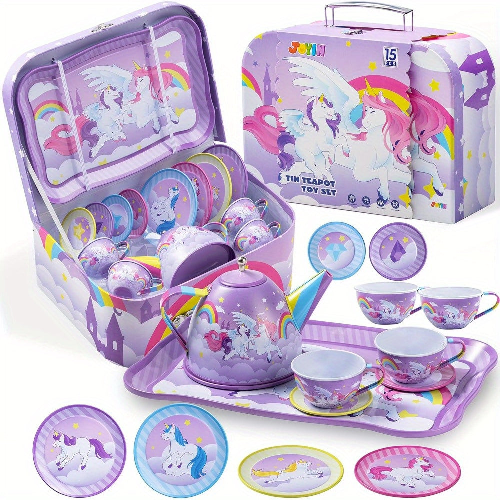🦄 Unicorn Princess Tea Party Set: Purple Tin Teapot, Cups, and Plates - Pretend Play Kitchen Toys (Perfect Birthday/Christmas Gift for Little Girls)