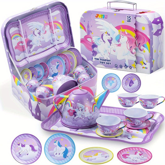 🦄 Unicorn Princess Tea Party Set: Purple Tin Teapot, Cups, and Plates - Pretend Play Kitchen Toys (Perfect Birthday/Christmas Gift for Little Girls)