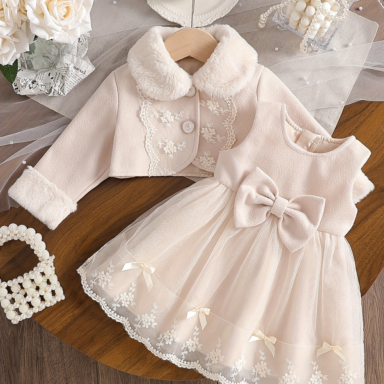 Princess Bow Dress & Warm Fur-Collar Coat Set