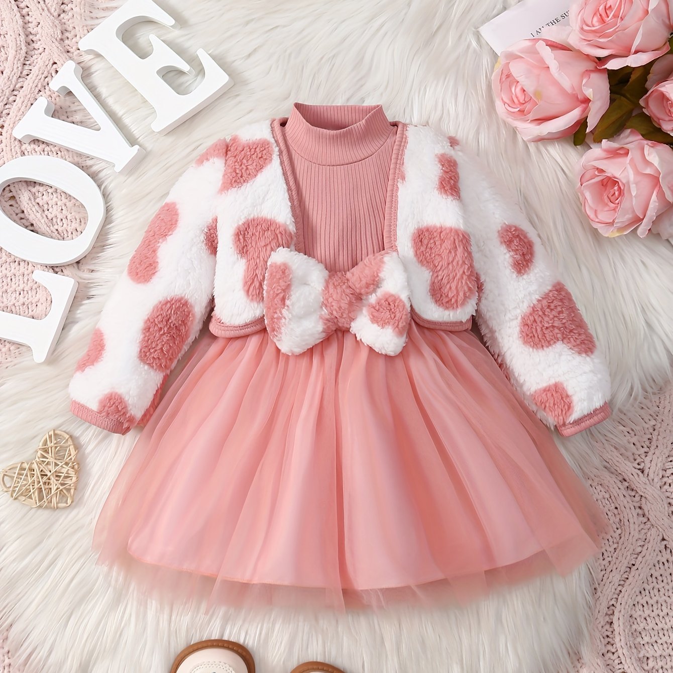 2pc Girls' Pink Striped Bow Mesh Dress & Fleece Jacket Set