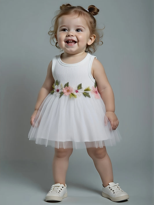 ☀️ Infant & Toddler Girl's Summer Vest Dress: Floral Waist Decor, Round Neck Casual Style