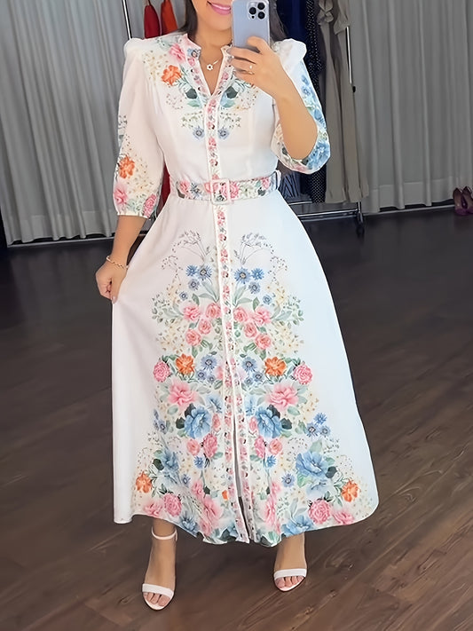 🌸 Elegant Floral Print Midi Dress: Belted Waist, Three-Quarter Sleeves (Lightweight Polyester, Spring/Fall Women's Fashion)