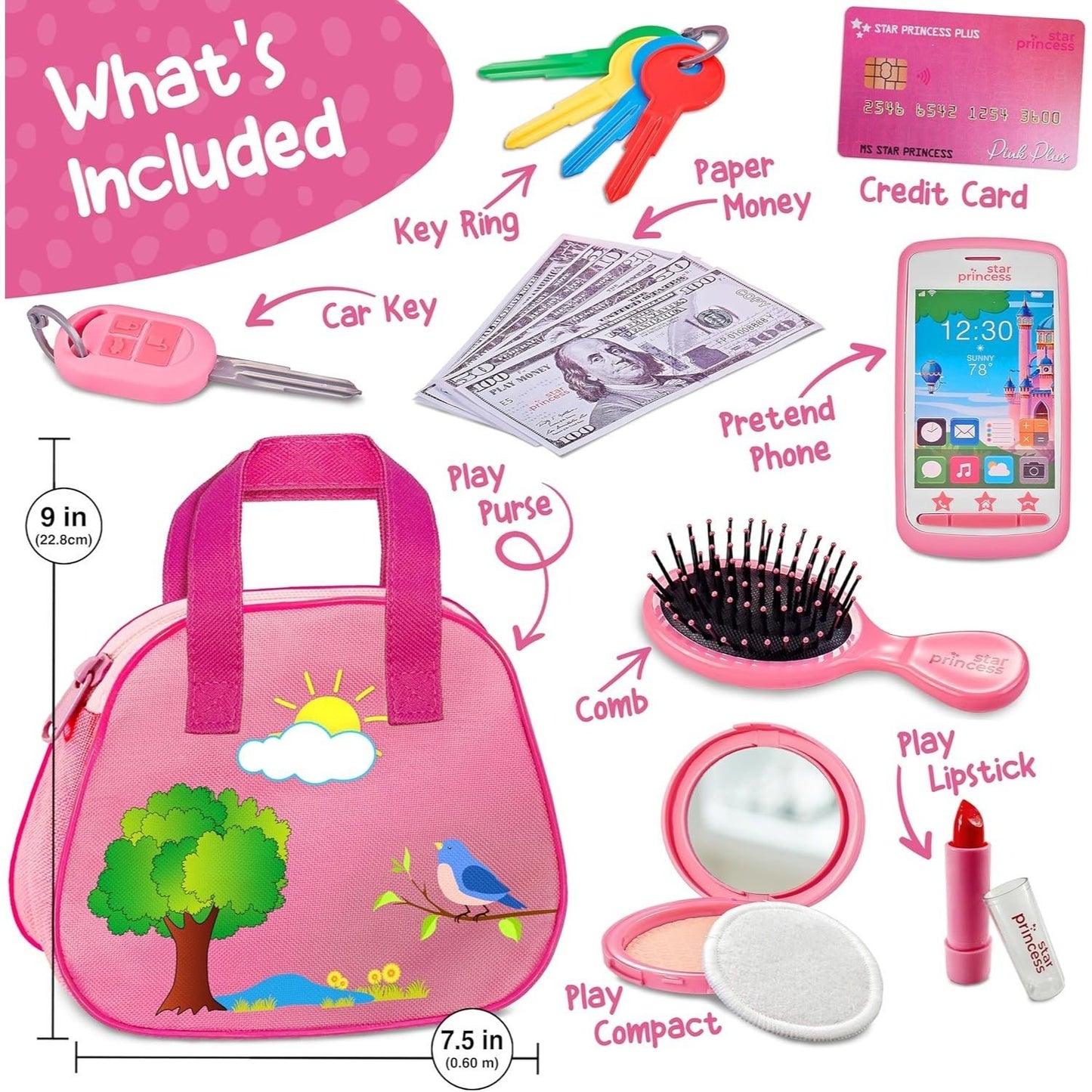 Play Purse Set for Toddlers with Pretend Makeup & Smartphone
