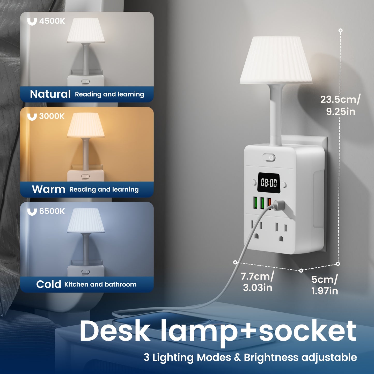 11-in-1 Power Strip with Clock, Desk Lamp & Overload Protection