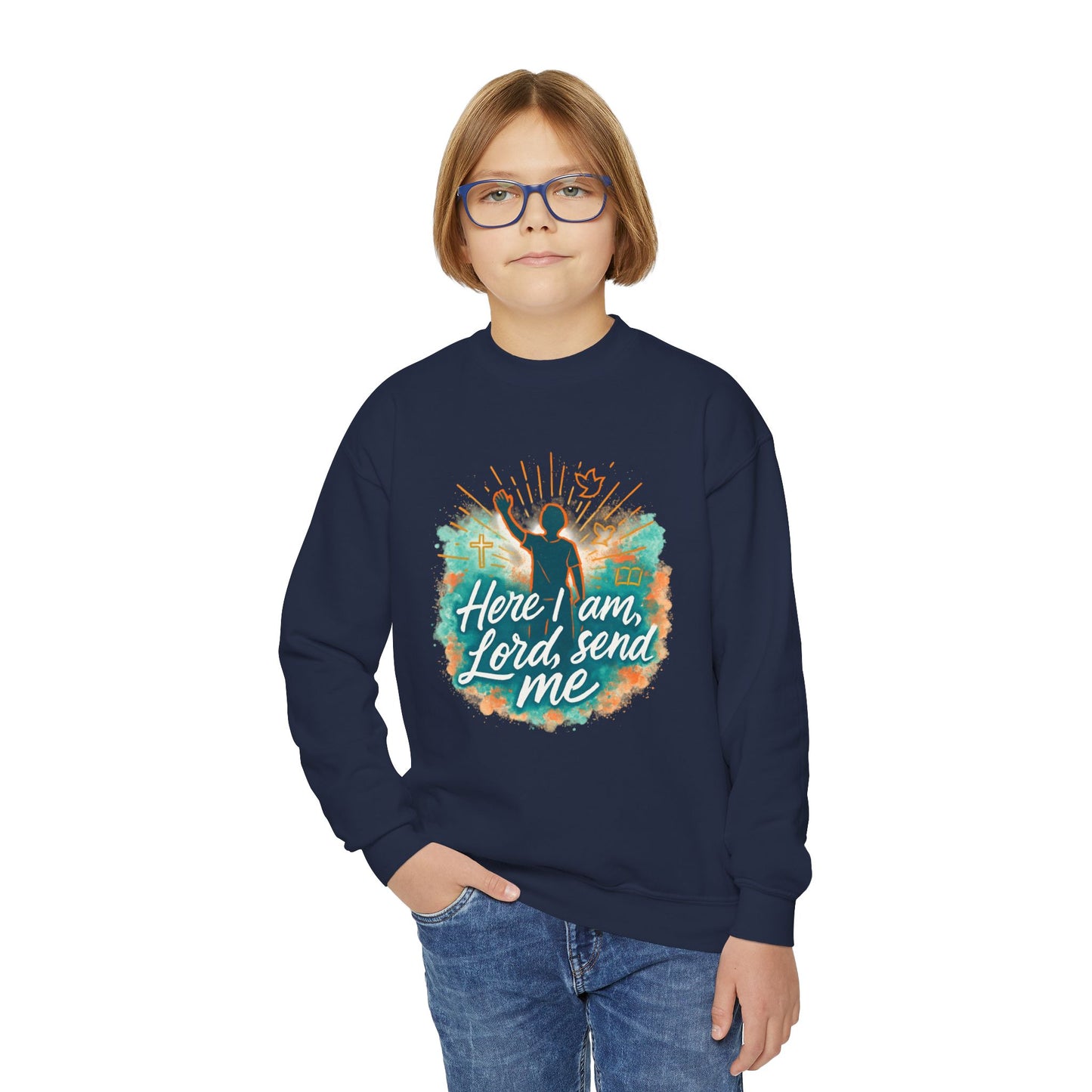 Youth Crewneck Sweatshirt: Here I am Lord Send Me, Christian Apparel, Faith-Based Gift, Religious Youth Wear, Inspirational Sweatshirt