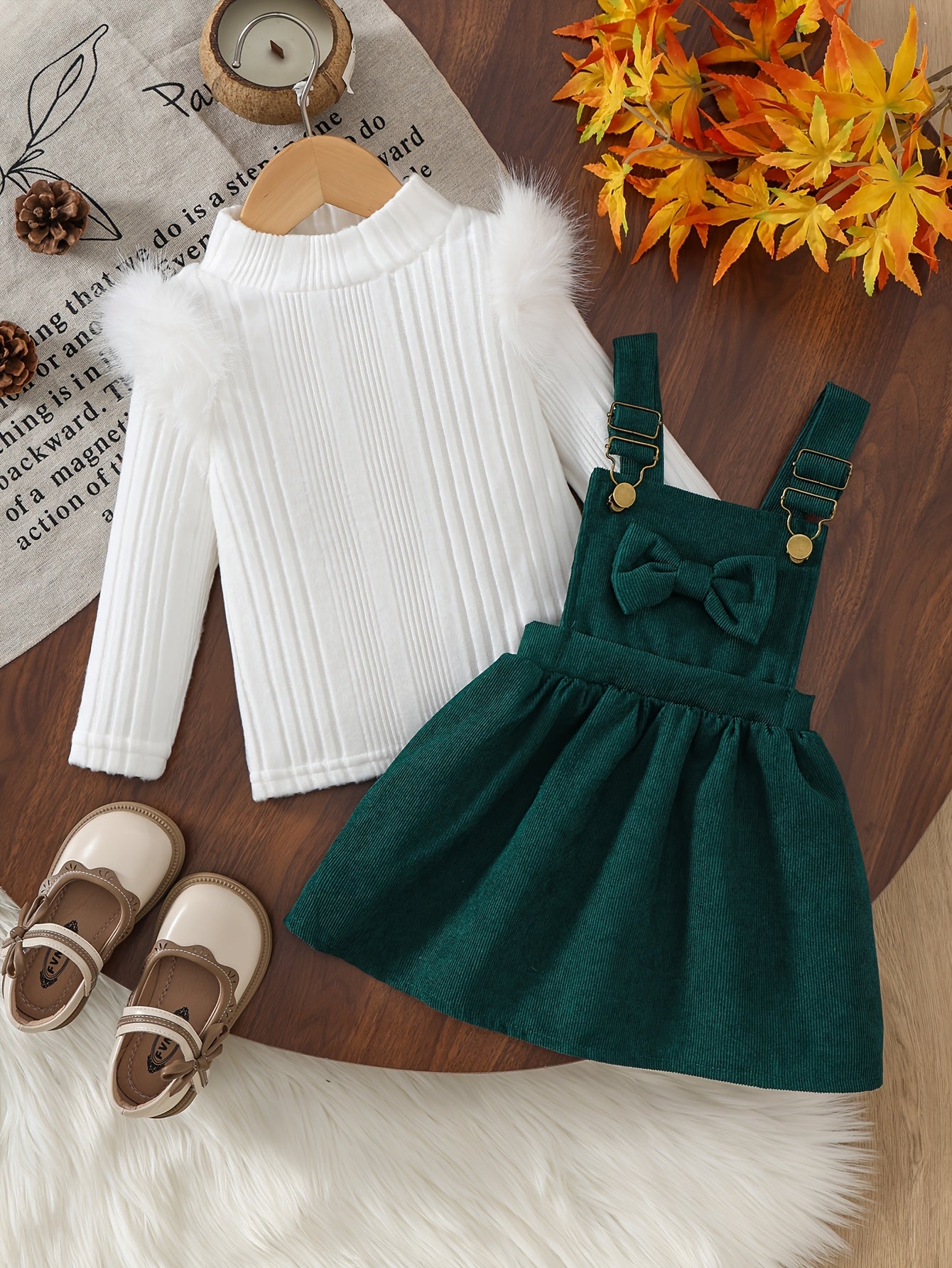 2pc Fluffy Sleeve Smock Dress Winter Set