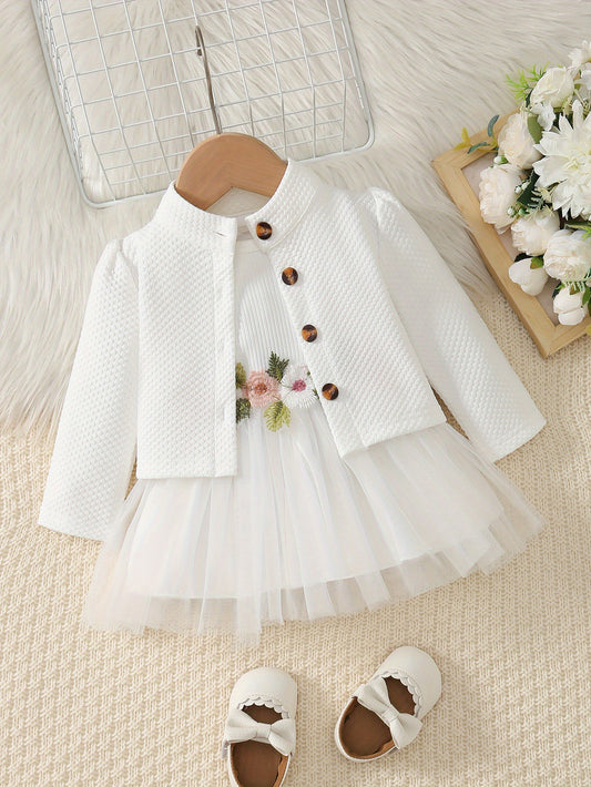 🌸 2-Piece Girl's Casual Suit: Solid Texture Long Sleeve T-Shirt with Flower Applique Mesh Dress (Fashionable Holiday Outfit)