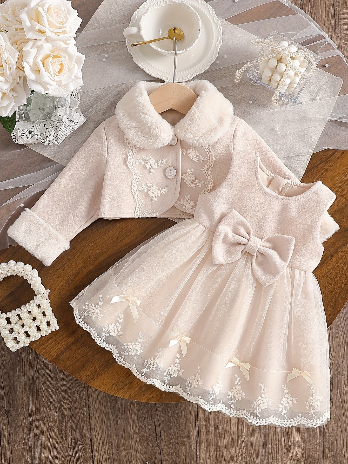 Princess Bow Dress & Warm Fur-Collar Coat Set