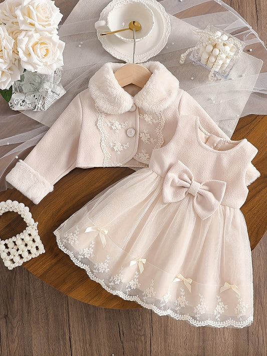 Princess Bow Dress & Warm Fur-Collar Coat Set