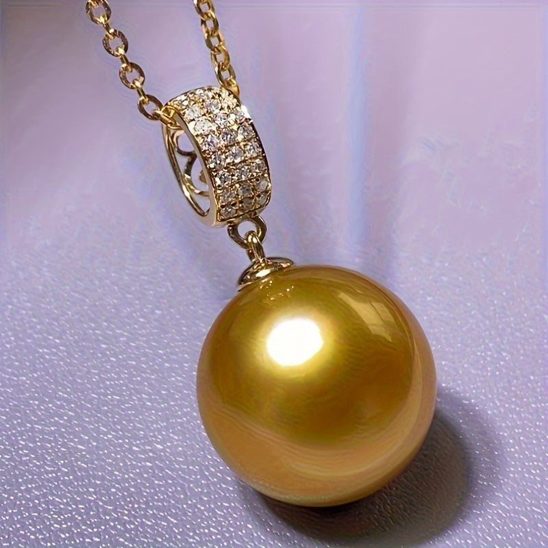 S925 Sterling Silver Gold Plated Necklace with 14mm Saltwater Cultured Golden Pearl Pendant | 18+2 Inch Chain | Women's Fine Jewelry