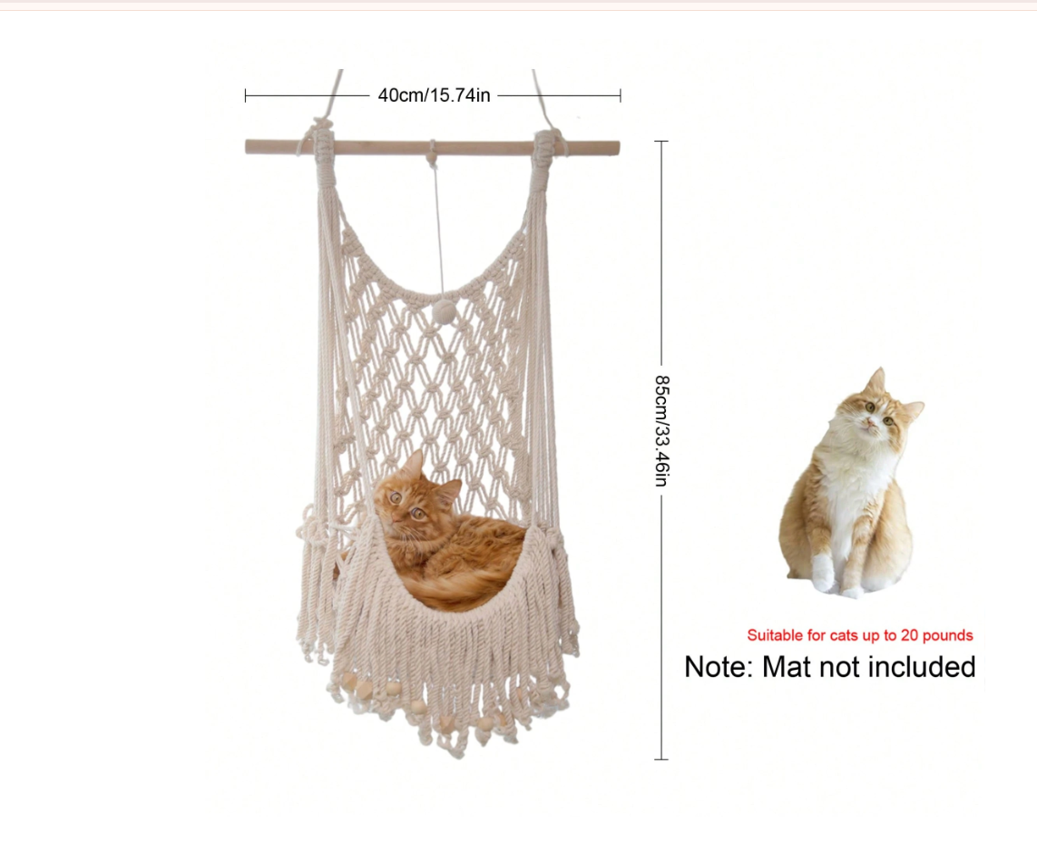 Bohemian Macrame Cat Hammock - Stylish Wall-Mounted Cat Bed & Scratching Post for All Seasons
