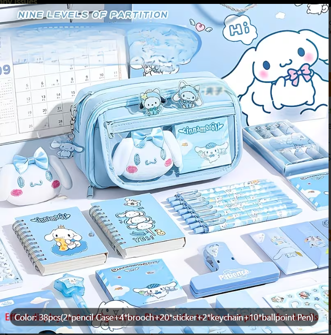 Complete 38-Piece Blue Pencil Box Set with Stickers, Keychains, and Brooches - Perfect for School and Office Use