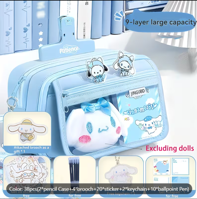 Complete 38-Piece Blue Pencil Box Set with Stickers, Keychains, and Brooches - Perfect for School and Office Use