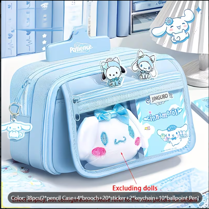 Complete 38-Piece Blue Pencil Box Set with Stickers, Keychains, and Brooches - Perfect for School and Office Use