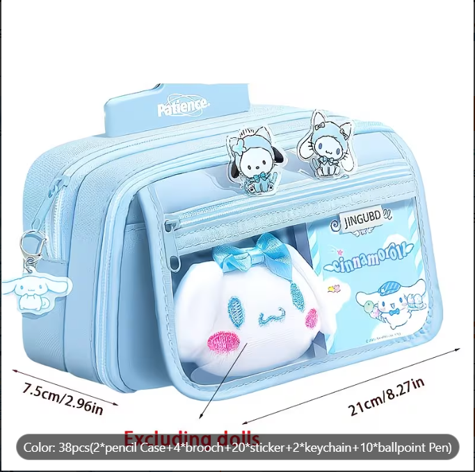 Complete 38-Piece Blue Pencil Box Set with Stickers, Keychains, and Brooches - Perfect for School and Office Use
