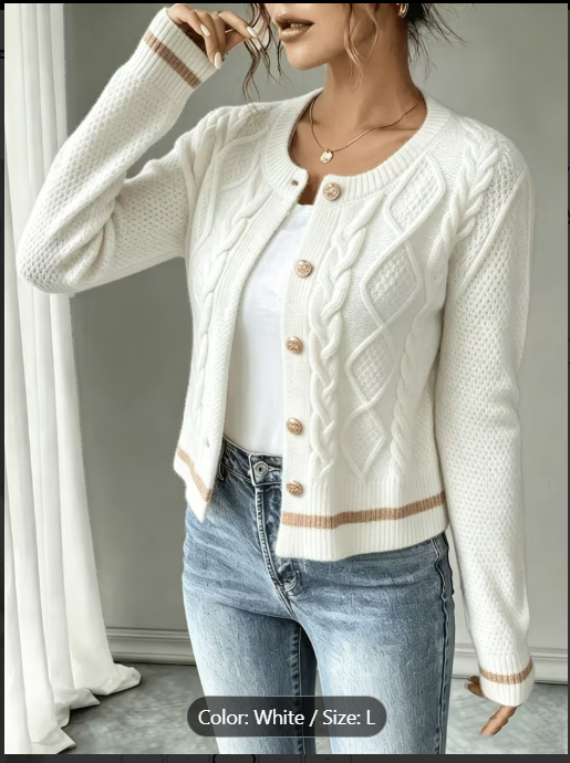 Women's Color Block Cable Knit Cardigan – Vintage Round Neck Sweater with Gold Buttons