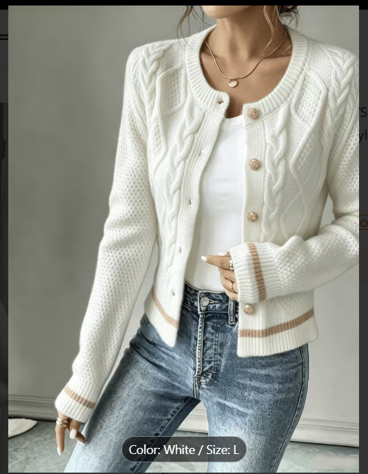 Women's Color Block Cable Knit Cardigan – Vintage Round Neck Sweater with Gold Buttons
