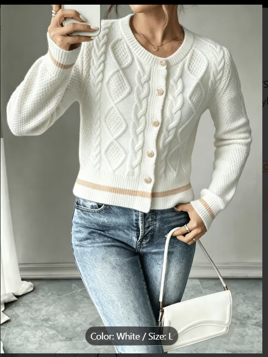 Women's Color Block Cable Knit Cardigan – Vintage Round Neck Sweater with Gold Buttons