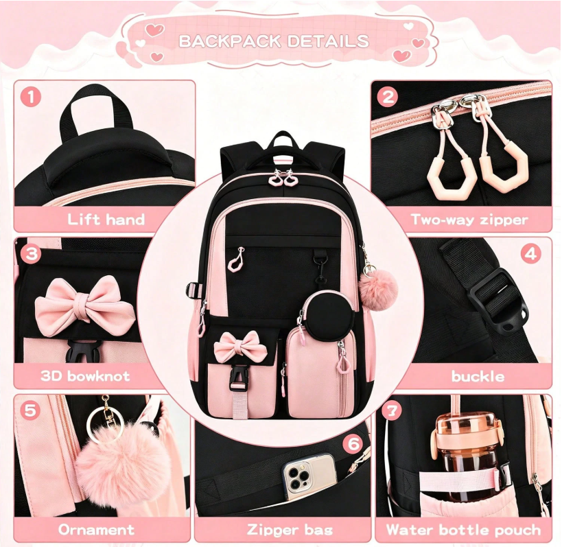 Stylish Black and Purple School Backpack Set for Girls and Teens – Cute Bowknot Design, Waterproof Laptop Bag and Rucksack