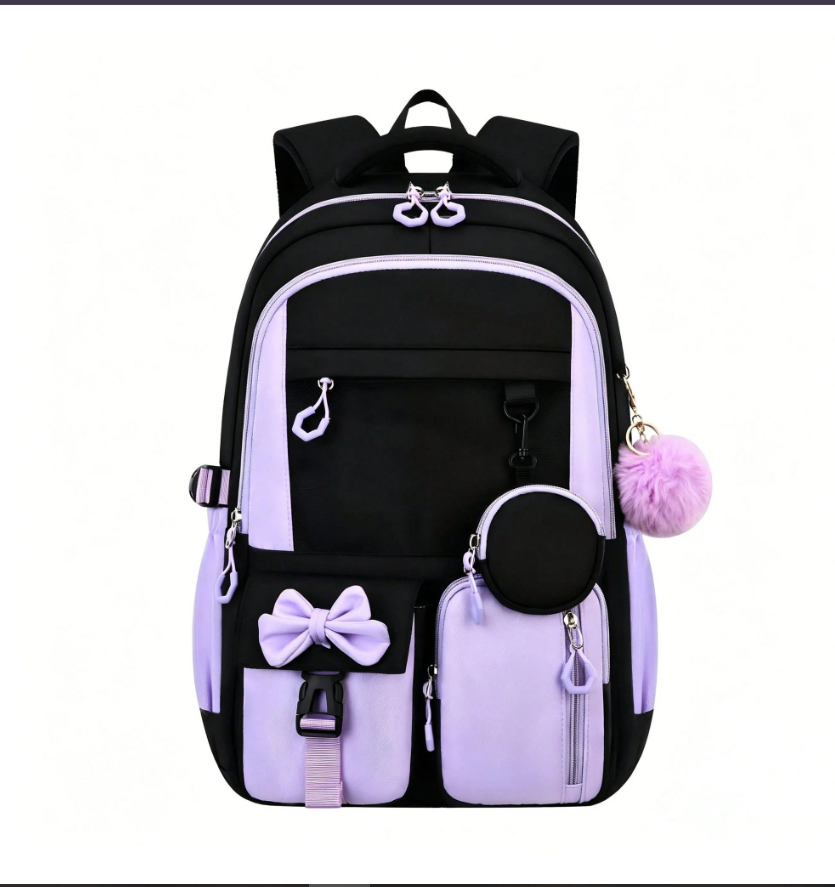 Stylish Black and Purple School Backpack Set for Girls and Teens – Cute Bowknot Design, Waterproof Laptop Bag and Rucksack