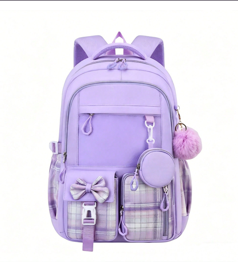 Stylish Black and Purple School Backpack Set for Girls and Teens – Cute Bowknot Design, Waterproof Laptop Bag and Rucksack