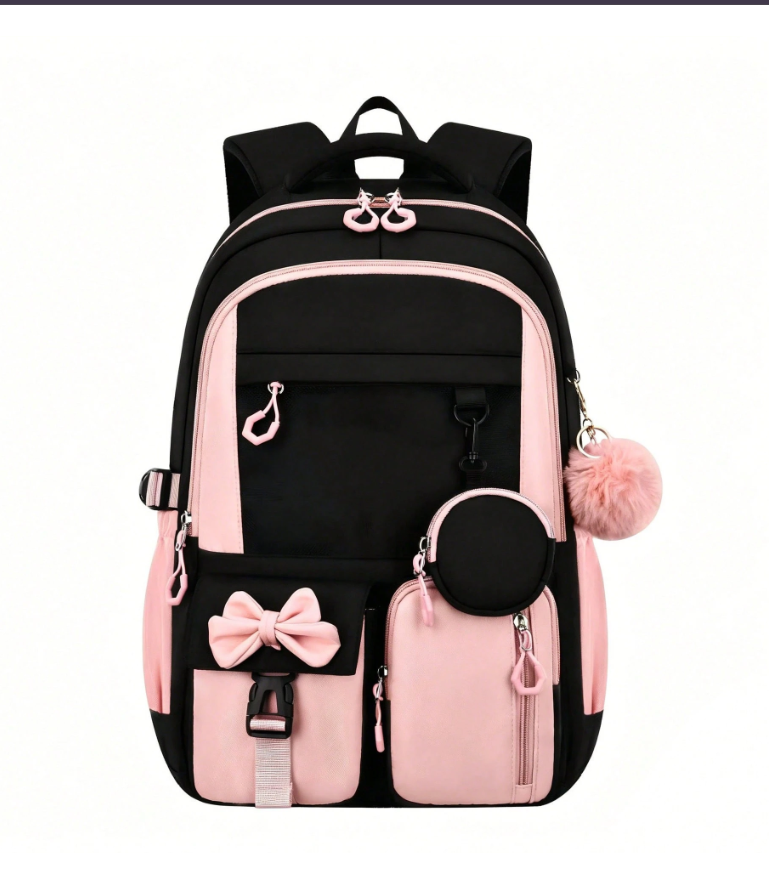 Stylish Black and Purple School Backpack Set for Girls and Teens – Cute Bowknot Design, Waterproof Laptop Bag and Rucksack