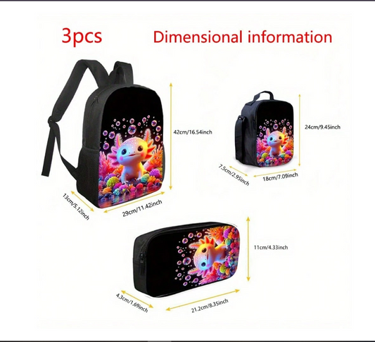 Colorful Axolotl 3-Piece Backpack Set: Stylish and Lightweight with Crossbody Bag and Pencil Case for Everyday Adventures