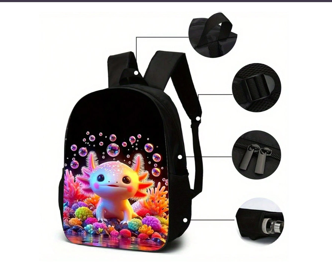 Colorful Axolotl 3-Piece Backpack Set: Stylish and Lightweight with Crossbody Bag and Pencil Case for Everyday Adventures