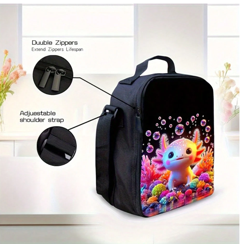 Colorful Axolotl 3-Piece Backpack Set: Stylish and Lightweight with Crossbody Bag and Pencil Case for Everyday Adventures