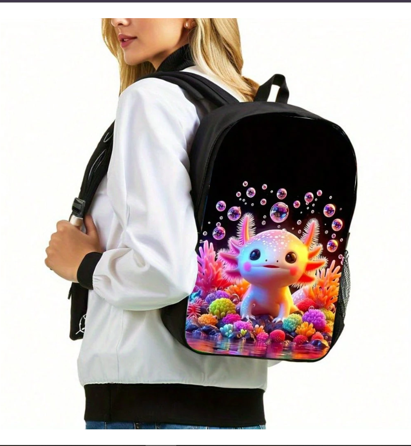 Colorful Axolotl 3-Piece Backpack Set: Stylish and Lightweight with Crossbody Bag and Pencil Case for Everyday Adventures