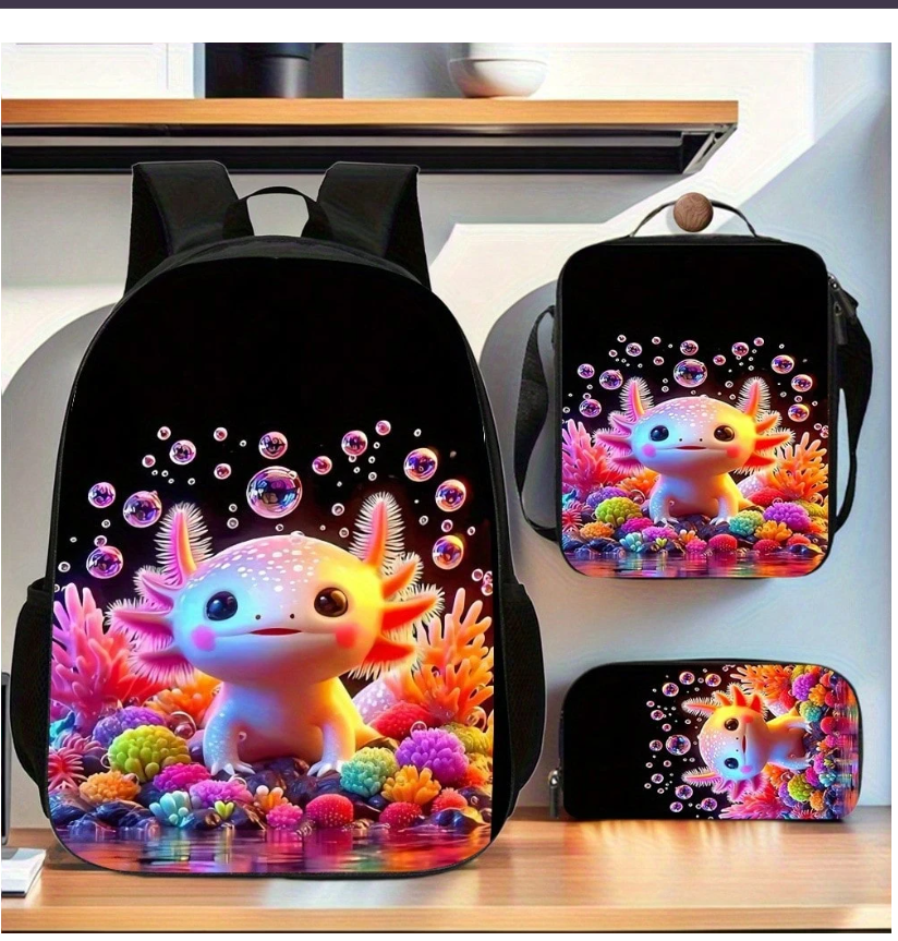 Colorful Axolotl 3-Piece Backpack Set: Stylish and Lightweight with Crossbody Bag and Pencil Case for Everyday Adventures