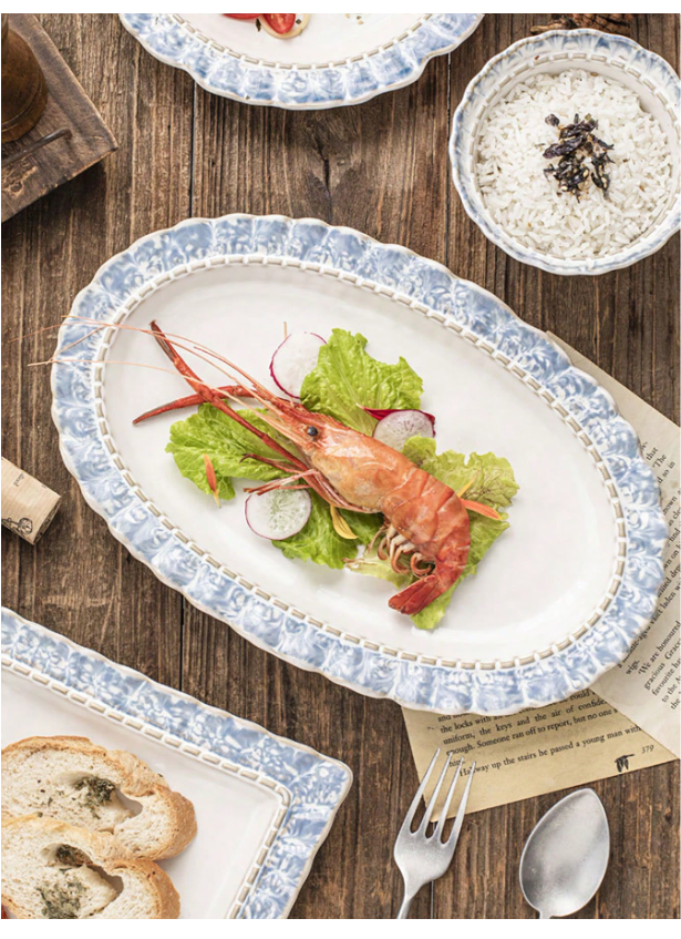 Luxury Retro Blue Lace Ceramic Tableware Set - Elegant Bowl, Plate, and Dish Combination for Stylish Dining
