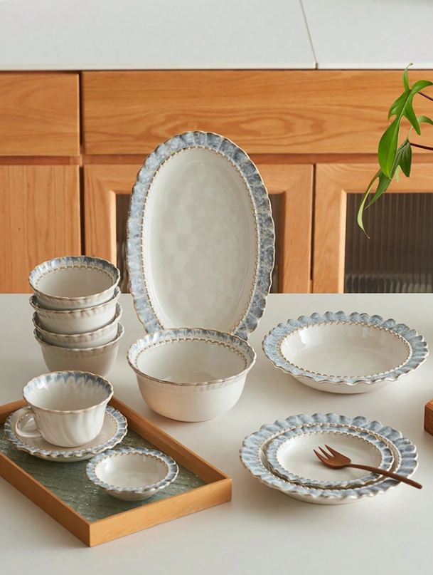 Luxury Retro Blue Lace Ceramic Tableware Set - Elegant Bowl, Plate, and Dish Combination for Stylish Dining