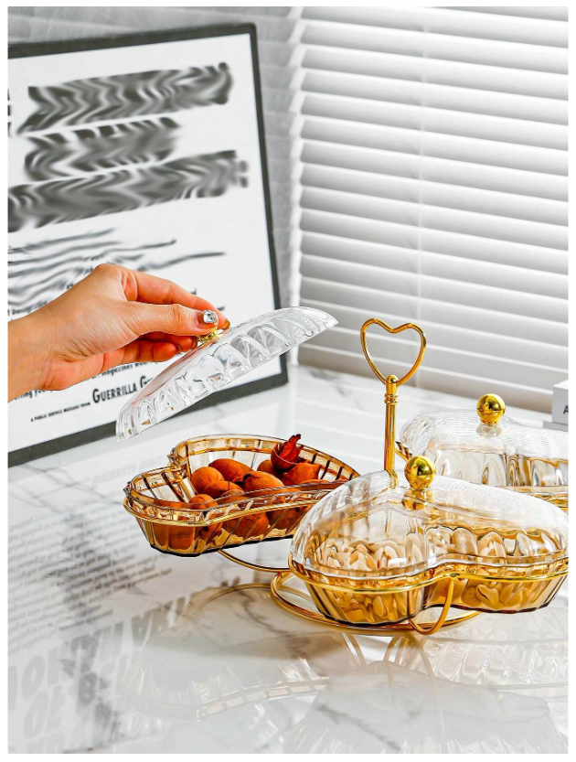 Luxury Heart-Shaped Fruit Plate with Lid - Elegant Champagne Snack Tray for Kitchen and Living Room
