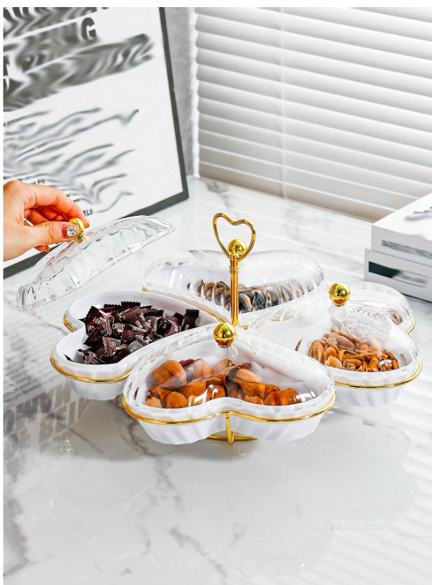 Luxury Heart-Shaped Fruit Plate with Lid - Elegant Champagne Snack Tray for Kitchen and Living Room