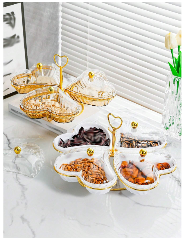 Luxury Heart-Shaped Fruit Plate with Lid - Elegant Champagne Snack Tray for Kitchen and Living Room