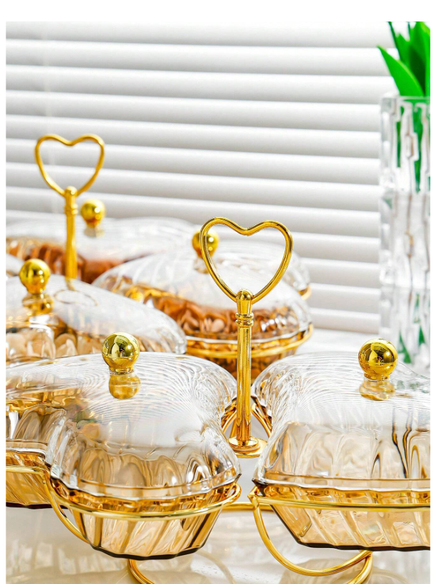Luxury Heart-Shaped Fruit Plate with Lid - Elegant Champagne Snack Tray for Kitchen and Living Room