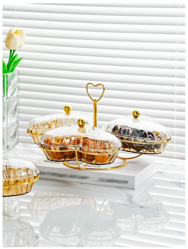 Luxury Heart-Shaped Fruit Plate with Lid - Elegant Champagne Snack Tray for Kitchen and Living Room