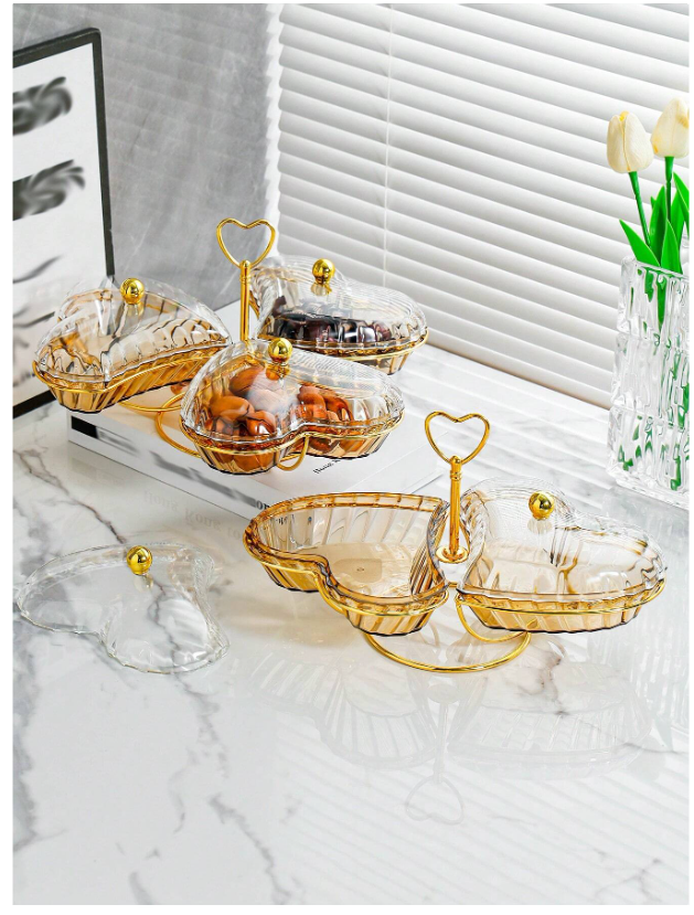 Luxury Heart-Shaped Fruit Plate with Lid - Elegant Champagne Snack Tray for Kitchen and Living Room