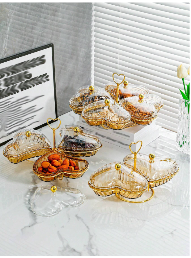 Luxury Heart-Shaped Fruit Plate with Lid - Elegant Champagne Snack Tray for Kitchen and Living Room