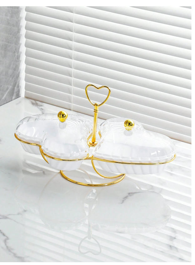 Luxury Heart-Shaped Fruit Plate with Lid - Elegant Champagne Snack Tray for Kitchen and Living Room