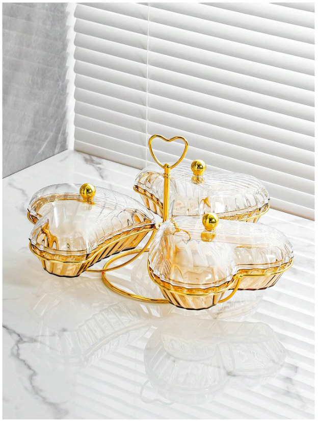 Luxury Heart-Shaped Fruit Plate with Lid - Elegant Champagne Snack Tray for Kitchen and Living Room