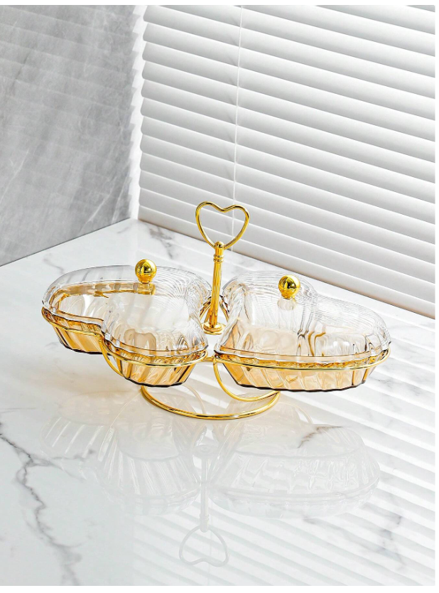 Luxury Heart-Shaped Fruit Plate with Lid - Elegant Champagne Snack Tray for Kitchen and Living Room
